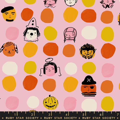 irregular large polka dots in costume for trick or treat pirate clown pumpkin werewolf angel on pink background Ruby Star Society for Moda Fabrics cotton quilting fabric for sewing projects 