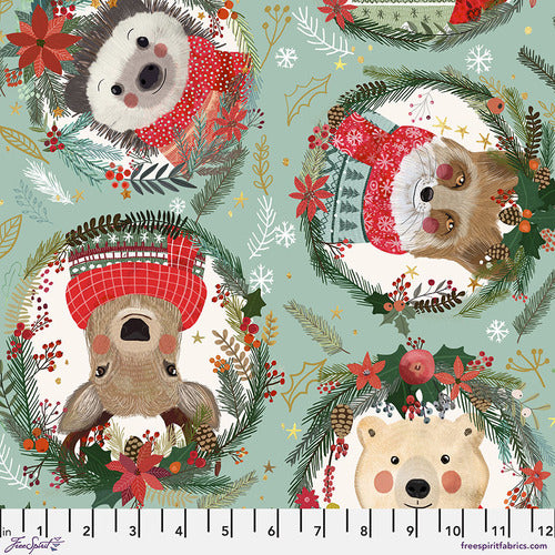 Christmas Squad collection Squad Wreaths in Sage green by Mia Charro for Freespirit Fabrics soft sage green background with forest animal cameo portraits fox deer bear porcupine wearing knit sweater framed by boughs of holly and pine brances high quality cotton for quilts stockings tree skirt pillowcase reusable gift bag material
