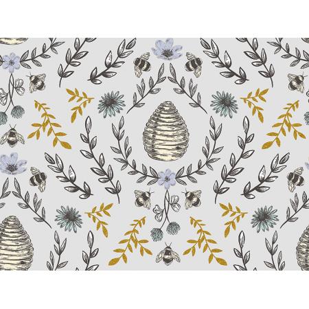 RJR Fabrics Summer in the Cotswolds Beehive Sweet Lavender gold floral vines lavender background metallic beehive bees flowers and sprigs