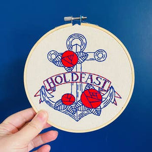Anchor Hold Fast holdfast roses red blue embroidery kit by Hook Line & Tinker made in Nova Scotia Canada complete kit with all supplies beginner friendly stitching