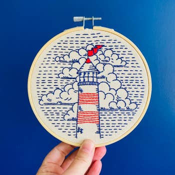 Lighthouse embroidery kit red blue ocean clouds  hoop pre-printed cotton fabric thread needle by Hook Link Tinker Nova Scotia Canada