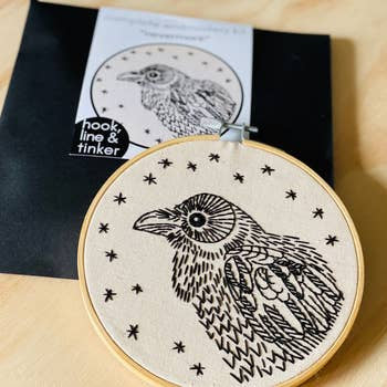 Nevermore black raven embroidery kit edgar alan poe hoop thread  pre-printed cotton design beginner friendly by Hook Line & Tinker Nova Scotia Canada