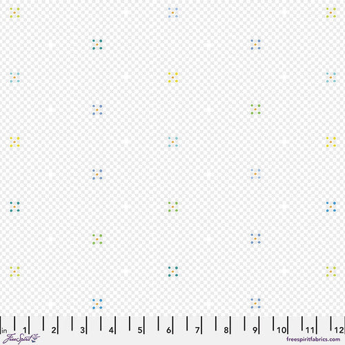 Shirtings No Dice Multi by Victoria Findlay Wolfe for Freespirit Fabrics low volume light gray and white tiny checkerboard pattern with scattered clusters of light blue yellow and green dots in sets of 5 high quality quilt cotton material for sewing projects