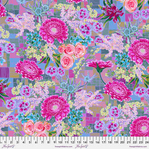 Tapestry in Lilac 54" cotton lawn Vivacious by Anna Maria Horner for Freespirit Fabrics chrysanthemums roses and bouquets of flowers in fuschia pink peach thistle blue pansy purple on lilac geometric background soft drape for summerweight quilt garment clothing skirt dress tank top