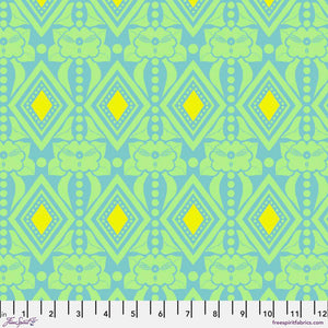 Tapestry in Lilac 54" cotton lawn Vivacious by Anna Maria Horner for Freespirit Fabris lime green floral shape and bright yellow diamond in diamond on soft blue geometric diamond background soft drape for summerweight quilt garment clothing skirt dress tank top
