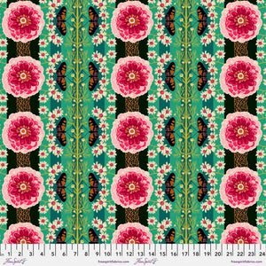 Vivacious cotton lawn 54" Natural Order in Pine by Anna Maria Horner for Freespirit Fabrics shades of green in background with large pink and fuschia peony flowers lime green vines pink and white daisy chain and Monarch butterflies in rows summerweight quilt or soft drape for garments or clothing such as skirt or dress