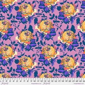 Vivacious cotton lawn 54" Show Off in Melon by Anna Maria Horner for Freespirit Fabrics big beautiful yellow pink and orange roses with purple leaves and dark gray stem on a deep pink backround summerweight quilt or soft drape for garments or clothing such as skirt or dress