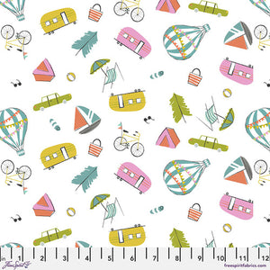 Let's Go in White Wanderlust by Maude Asbury for Free Spirit Fabrics hot air balloon glamper camper trailer retro novelty car beach umbrella sailboat bicycle cotton quilt garment project fabric