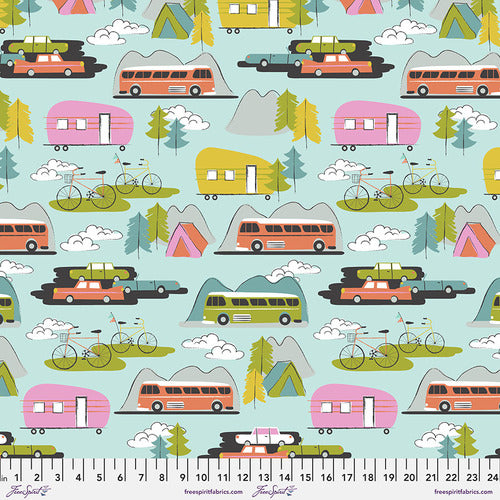 Hit the Road in Seafoam Wanderlust by Maude Asbury for Free Spirit Fabrics family vacation hot air balloon glamper camper trailer retro novelty car mountains forest bicycle tour bus cotton quilt garment project fabric