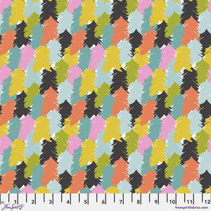 In the Trees multi-colored Wanderlust by Maude Asbury for Free Spirit fabrics improv style forest of trees in black grey gray rust orange yellow aqua turquoise green cotton quilt fabric retro novelty garment project material 
