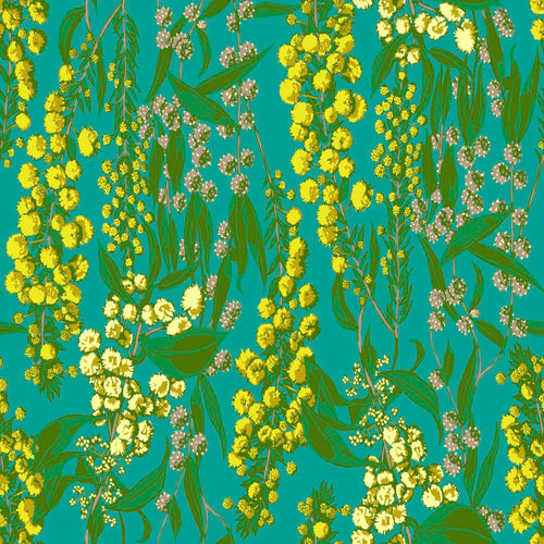 Adelaide in Seaweed from Welcome Home by Anna Maria Horner for Freespirit Fabrics turquoise background with delicate draping stems of yellow pink and cream flowers and different shades of green leaves high quality designer cotton fabric for quilts garments clothing and sewing projects