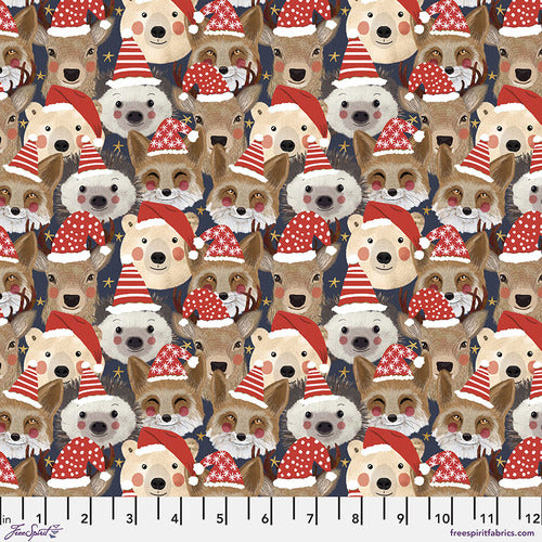 Christmas Squad collection Wild Santa in Navy by Mia Charro for Freespirit Fabrics navy background with forest animals such as deer bears foxe hedgehog porcipine wearing red and white striped starry polka dot Santa hatshigh quality cotton for quilts stockings tree skirt pillowcase reusable gift bag material