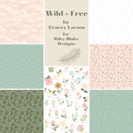 Wild and Free by Gracey Larson for Riley Blake Designs 7 fat quarters peach clouds soft green text words birds scattered flowers on blush pink dots and leaves on white and botanical drawings of flowers and names on white background cotton quilt weight fabric for quilting bags garments sewing 
