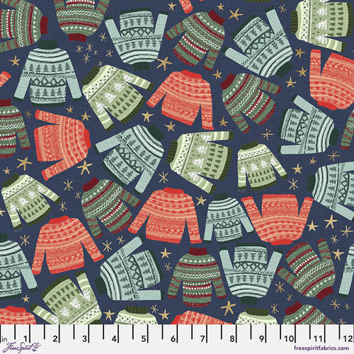 Christmas Squad collection Winter Warmth in Navy by Mia Charro for Freespirit Fabrics navy background with small gold stars and tossed winter hand knit sweaters in green red and aqua  high quality cotton for quilts stockings tree skirt pillowcase reusable gift bag material