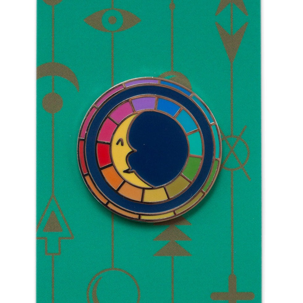 Alison Glass cloisonné hard enamel with rubber clutch backing pin Moon face and circled by rainbow color wheel 