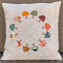 Load image into Gallery viewer, Mushroom Fairy Ring pillow wall hanging kit pattern by Quiety Play fabrics using Summer Folk Cotton +  Steel Slow Stroll moda and Essex Linen in Flax comes with pattern, fabrics and backing
