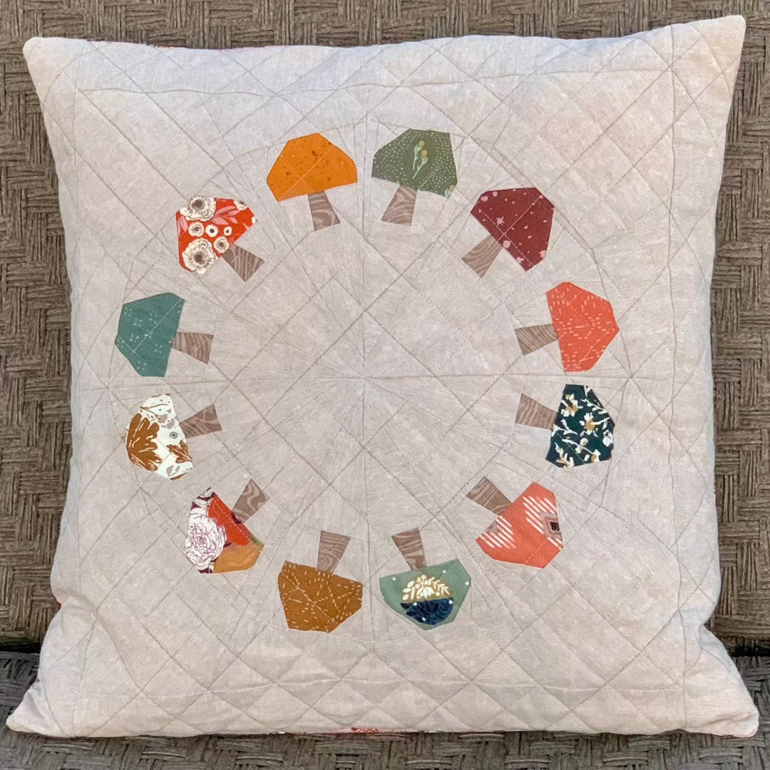 Mushroom Fairy Ring pillow wall hanging kit pattern by Quiety Play fabrics using Summer Folk Cotton +  Steel Slow Stroll moda and Essex Linen in Flax comes with pattern, fabrics and backing