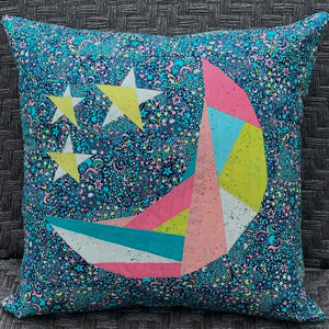 Kristy Lea Quiet Play Night Sky Moon Stars foundation paper pieced block pillow cover kit Sally Kelly galactic free spirit fabrics Ruby Star Society Moda Speckledmaterial cotton mini wall hanging quilt 