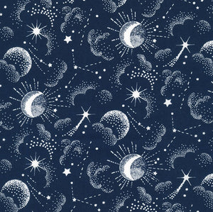 campout dark navy Sevenberry Robert Kaufman inky sky moon stars constellations clouds shooting falling star dots white cottn material fabric made in Japan