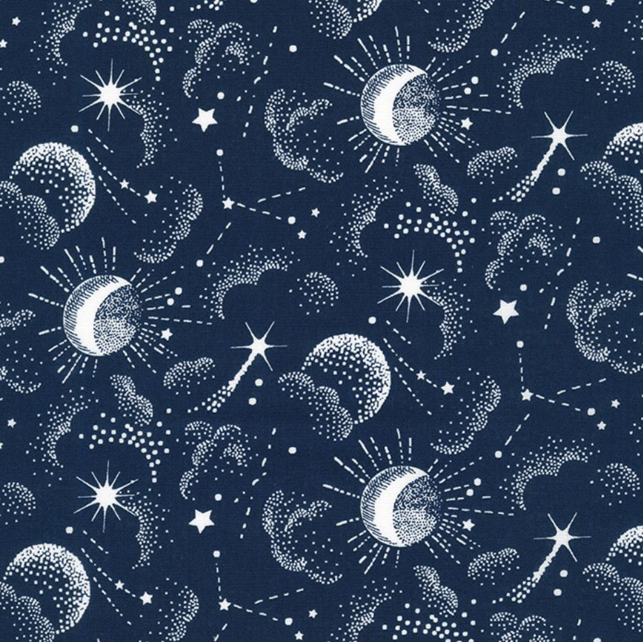 campout dark navy Sevenberry Robert Kaufman inky sky moon stars constellations clouds shooting falling star dots white cottn material fabric made in Japan