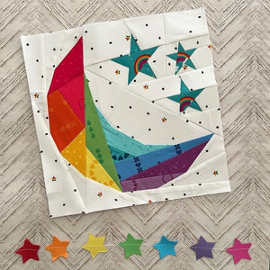Kristy Lea Quiet Play Night Sky Moon Stars foundation paper pieced block pillow cover kit rainbow Dream fabrics material cotton mini wall hanging quilt 