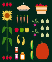 Load image into Gallery viewer, Farm to Table Mock Up in Kona Cotton Solid Forest Green background garden vegetables paper pieced Amy Friend pattern block of the month
