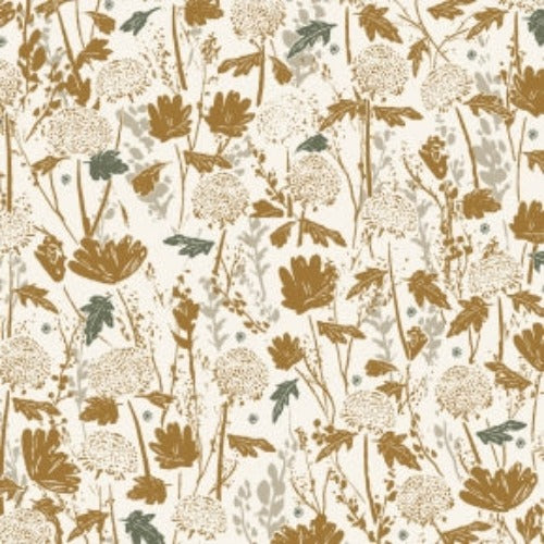 Dandelion seeds gold stems and leaves with turquoise cream background Wander Field Gold Summer Folk Collection by Lissie Teehee for Cotton and Steel Fabrics high quality quilting weight cotton fabric for quilts bags sewing projects clothing garments