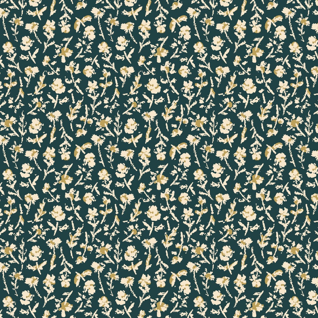 Little Florets in Evening Blue small scale dandelion flowers with stem and leaf in cream and gold outline on a dark teal background Summer Folk Collection by Lissie Teehee for Cotton and Steel Fabrics high quality quilting weight cotton fabric for quilts bags sewing projects clothing garments