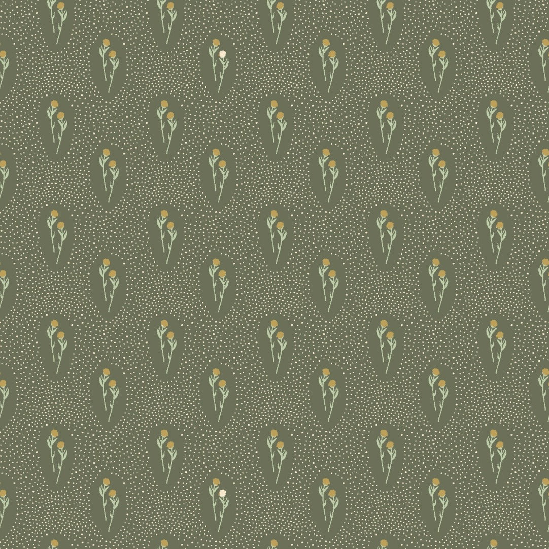 Sage green background with tiny cream speckled dots and soft green stem and leaf with gold dandelion flower Foliage in Green Summer Folk Collection by Lissie Teehee for Cotton and Steel Fabrics high quality quilting weight cotton fabric for quilts bags sewing projects clothing garments