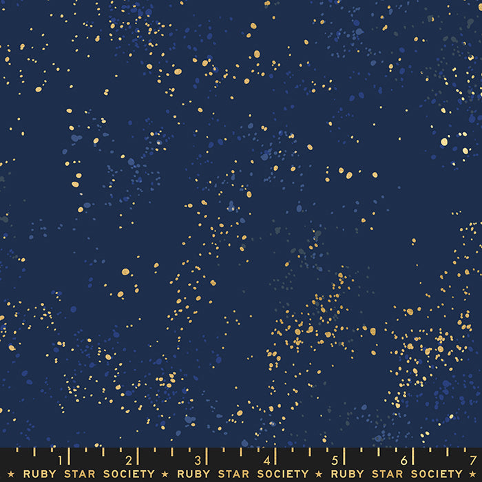 Ruby Star Society Rashida Coleman Hale Speckled Navy background tone on tone blue spatters with gold metallic overlay cotton quilt weight Moda Fabrics