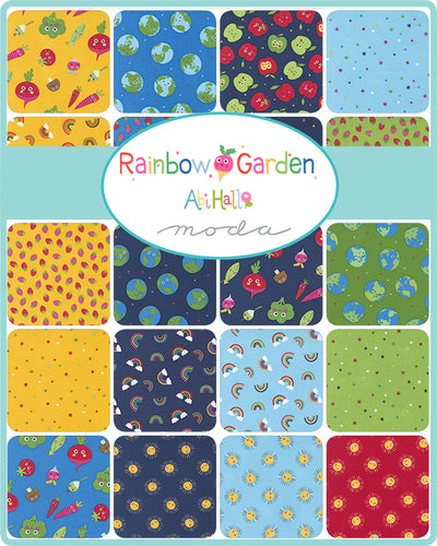 Rainbow Garden Abi Hall Moda Fabrics fat eighth 1/8 bundle cotton quilt sewing fabric veggies fruits earth apples strawberries stars rainbows sun apples cotton quilting fabric