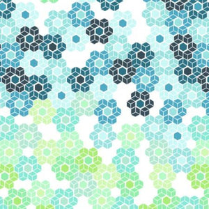 Interlocking hexagons in shades of blue, green and black create an almost floral geometric pattern on a white background A Day Away Hexie Party by Renee Fly for Cotton + Steel dark blue aqua turquoise lime green hexy flower shapes scattered on a cream background high quality quilt cotton 